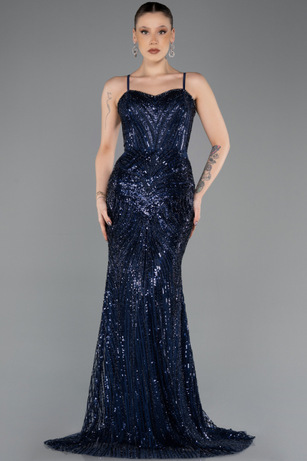 Abendkleid Lang Perlenbesetzt Marineblau ABU5730