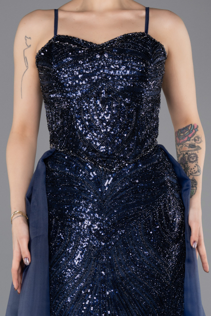 Abendkleid Lang Perlenbesetzt Marineblau ABU5730