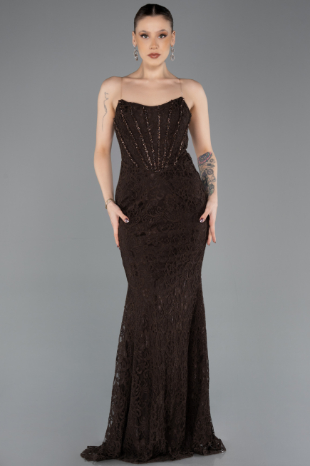 Abendkleid Lang Spitze Braun ABU5734