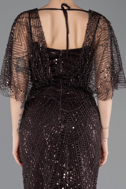 Abendkleid Lang Perlenbesetzt Braun ABU5718