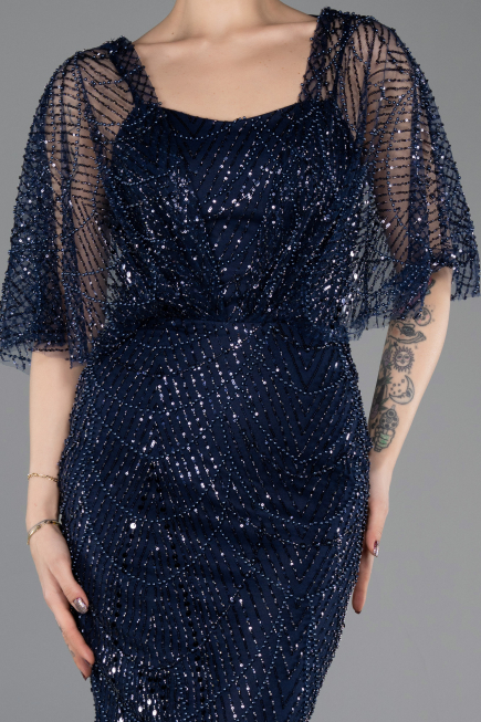 Abendkleid Lang Perlenbesetzt Marineblau ABU5718