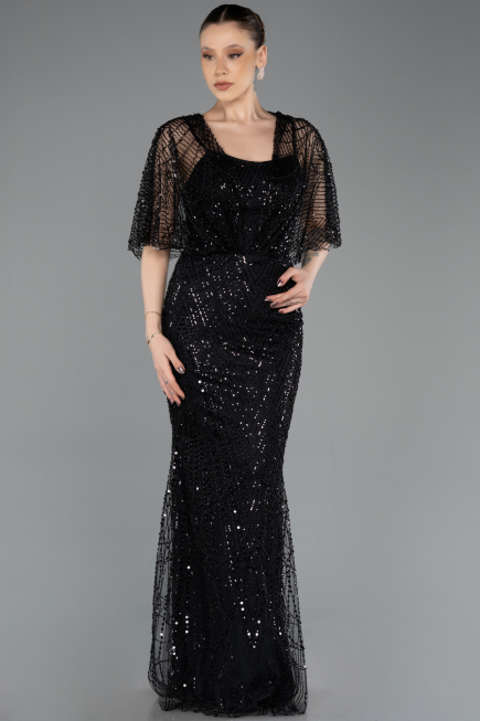 Abendkleid Lang Perlenbesetzt Schwarz ABU5718