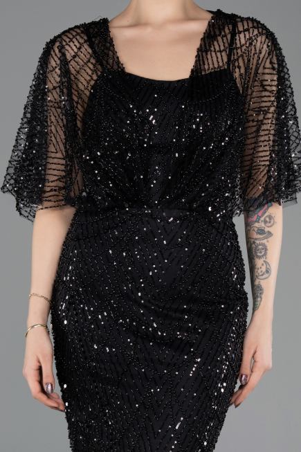 Abendkleid Lang Perlenbesetzt Schwarz ABU5718