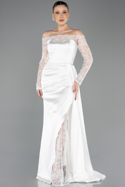 Weiß Abendkleid İm Meerjungfrau-Stil Satin Lang ABU5641