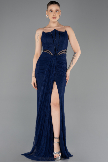 Standesamtkleid Lang Spitze Marineblau ABU5736