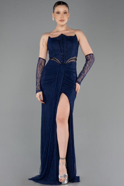 Standesamtkleid Lang Spitze Marineblau ABU5736