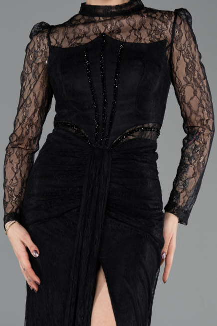 Standesamtkleid Lang Spitze Schwarz ABU5736