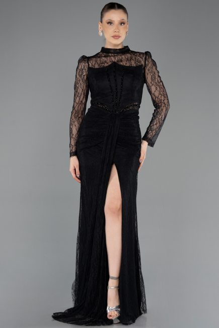 Standesamtkleid Lang Spitze Schwarz ABU5736