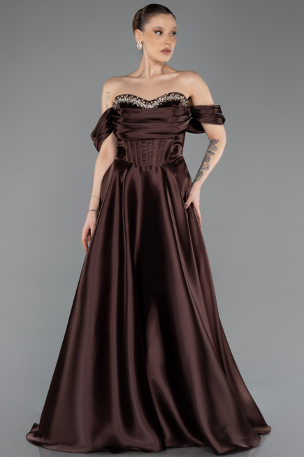 Abendkleid in Übergröße Lang Satin Braun ABU5726