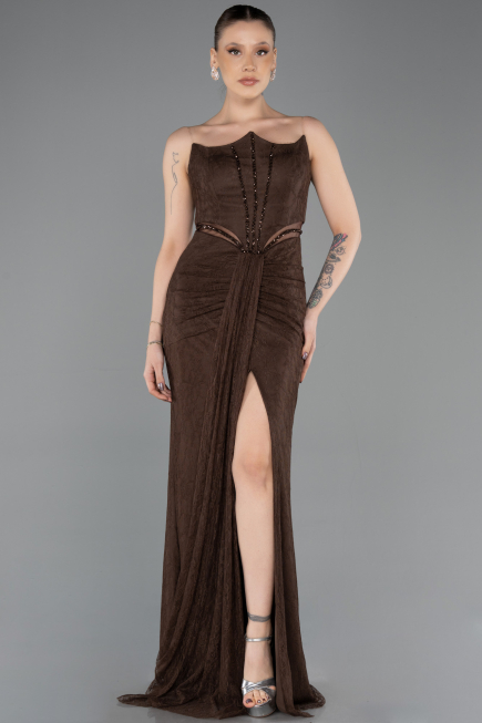 Standesamtkleid Lang Spitze Braun ABU5736