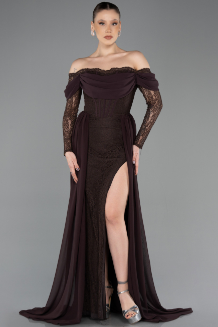 Standesamtkleid Lang Spitze Braun ABU5727