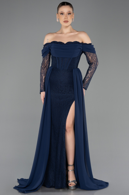 Standesamtkleid Lang Spitze Marineblau ABU5727