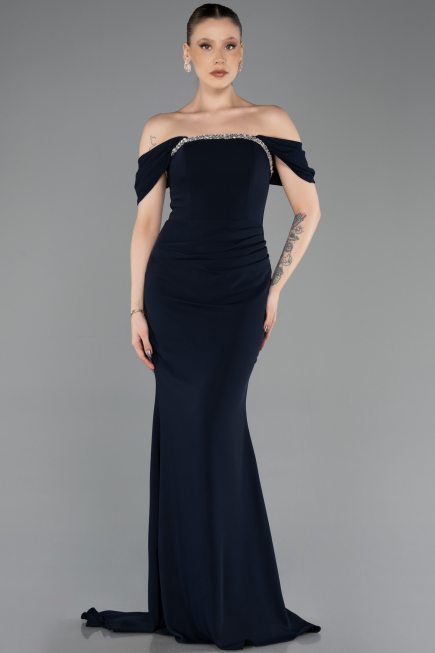 Abendkleid im Meerjungfrau-Stil Lang Marineblau ABU5740