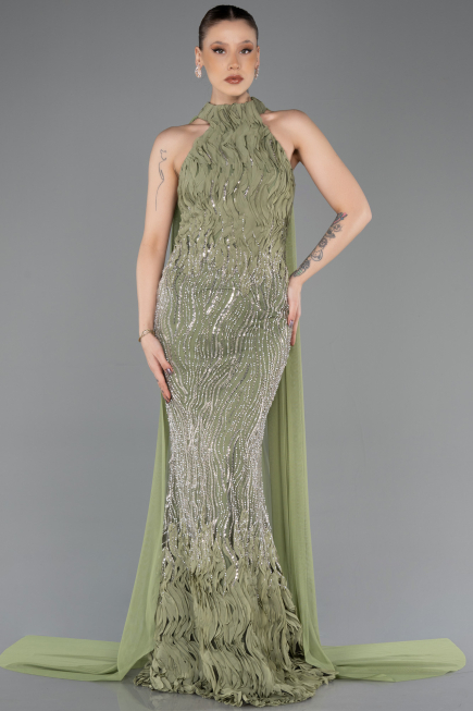 Abendkleid im Meerjungfrau-Stil Lang Perlenbesetzt Khaki ABU5741