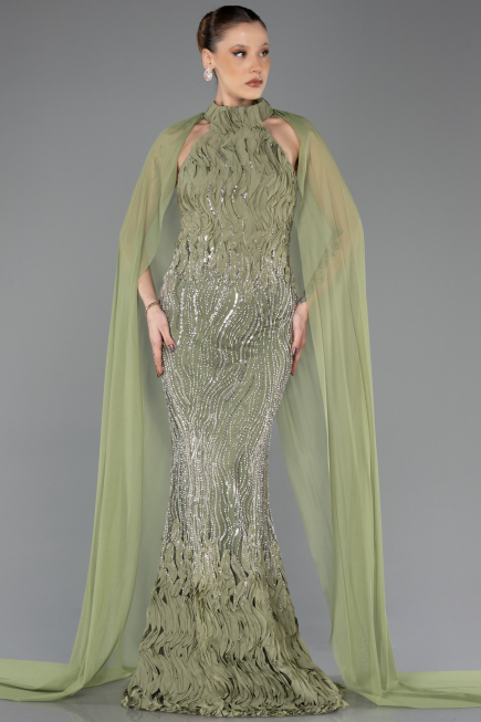 Abendkleid im Meerjungfrau-Stil Lang Perlenbesetzt Khaki ABU5741