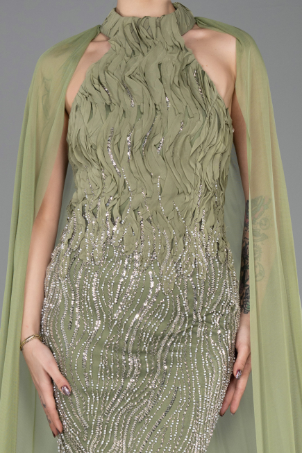 Abendkleid im Meerjungfrau-Stil Lang Perlenbesetzt Khaki ABU5741