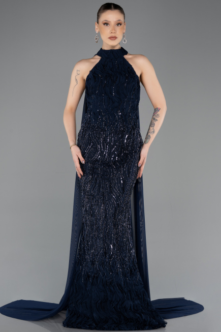 Abendkleid im Meerjungfrau-Stil Lang Perlenbesetzt Marineblau ABU5741