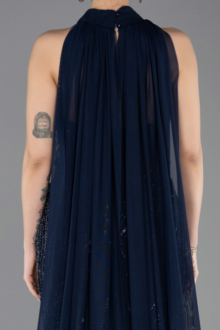 Abendkleid im Meerjungfrau-Stil Lang Perlenbesetzt Marineblau ABU5741