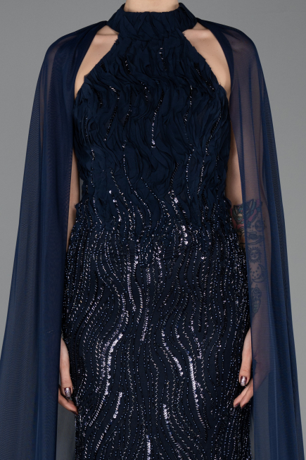 Abendkleid im Meerjungfrau-Stil Lang Perlenbesetzt Marineblau ABU5741