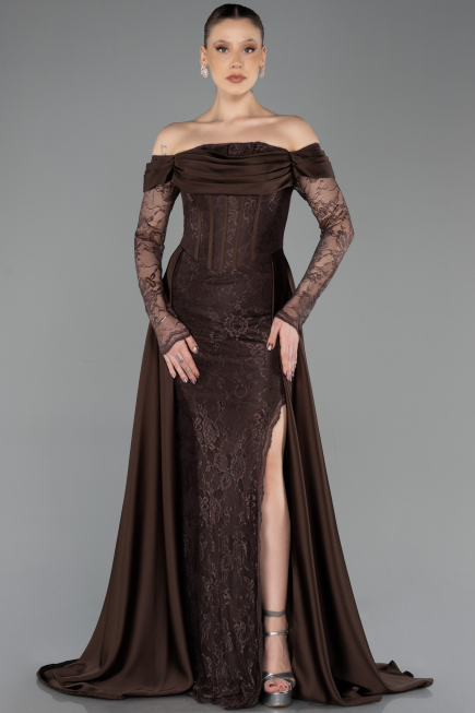 Standesamtkleid Lang Spitze Braun ABU5723