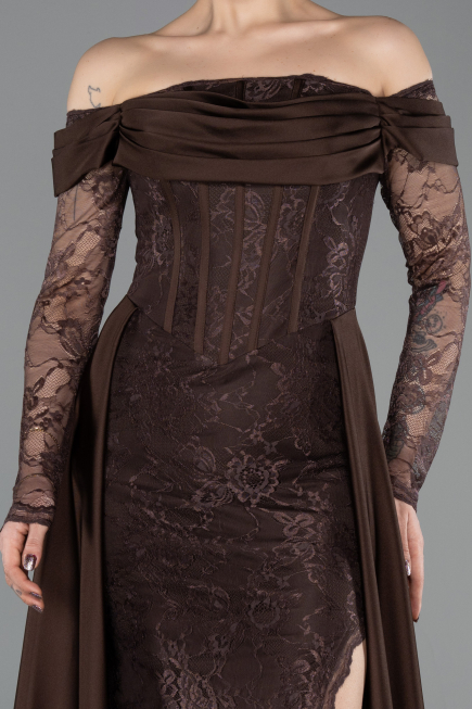 Standesamtkleid Lang Spitze Braun ABU5723