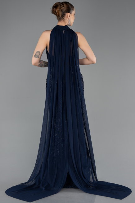 Abendkleid im Meerjungfrau-Stil Lang Perlenbesetzt Marineblau ABU5741