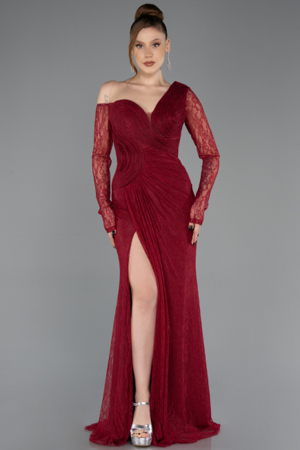 Weinrot Standesamtkleid Spitze Lang ABU5618