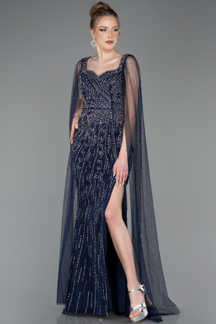 Abendkleid Lang Steinbesetzt Marineblau ABU5751