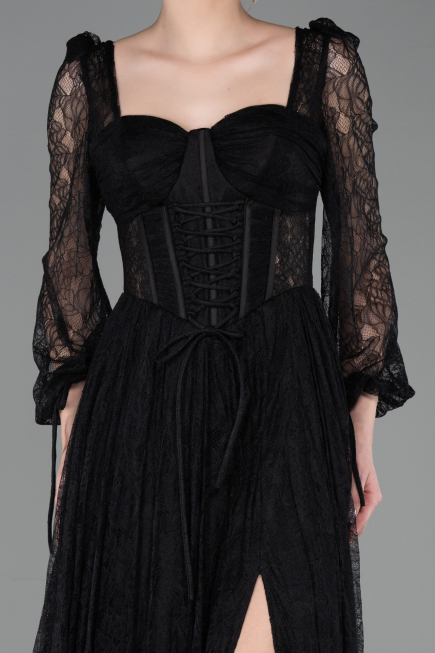 Standesamtkleid Lang Spitze Schwarz ABU5797