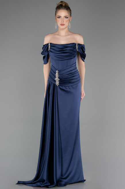 Abendkleid im Meerjungfrau-Stil Lang Satin Marineblau ABU5765