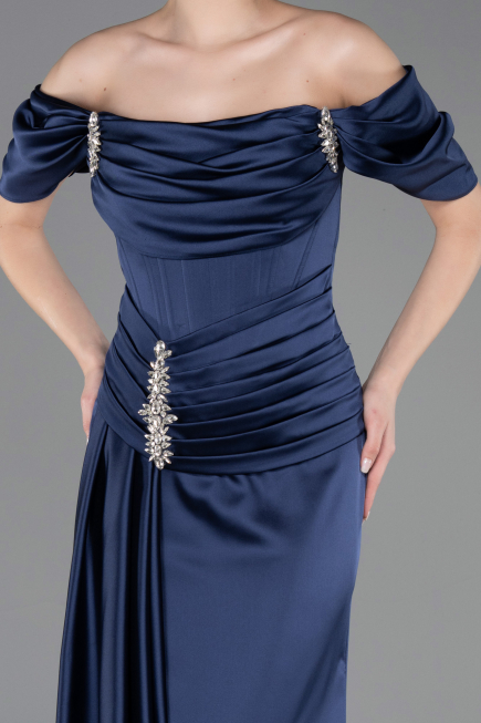 Abendkleid im Meerjungfrau-Stil Lang Satin Marineblau ABU5765