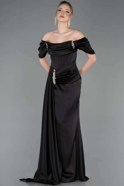 Abendkleid im Meerjungfrau-Stil Lang Satin Schwarz ABU5765