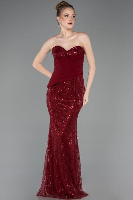 Abendkleid Lang Perlenbesetzt Weinrot ABU5766