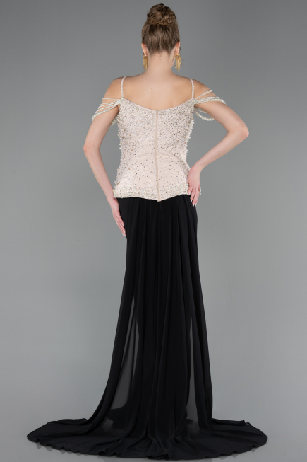Abendkleid Lang Chiffon Schwarz-Beige ABU5753