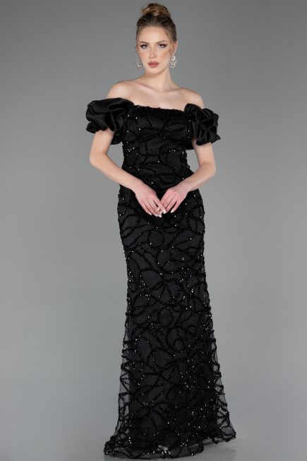 Abendkleid im Meerjungfrau-Stil Lang Schuppig Schwarz ABU5780