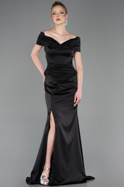 Standesamtkleid Lang Satin Schwarz ABU5785
