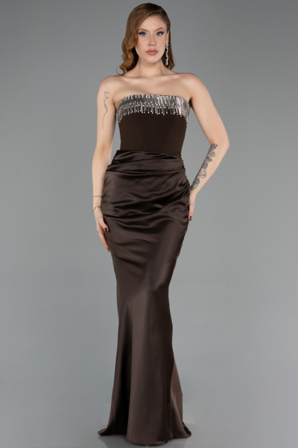Abendkleid im Meerjungfrau-Stil Lang Satin Braun ABU5820