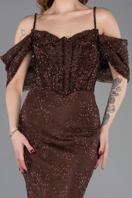 Abendkleid im Meerjungfrau-Stil Lang Spitze Braun ABU5822