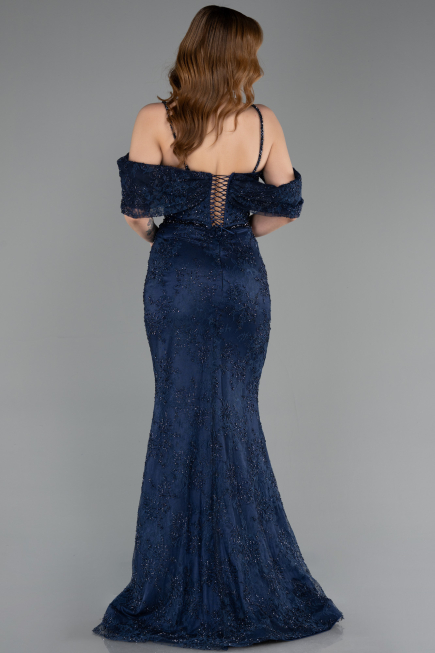 Abendkleid im Meerjungfrau-Stil Lang Spitze Marineblau ABU5822