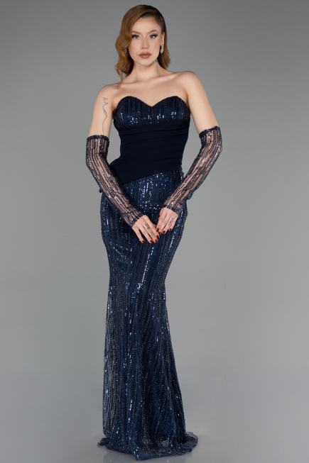 Abendkleid Lang Perlenbesetzt Marineblau ABU5766
