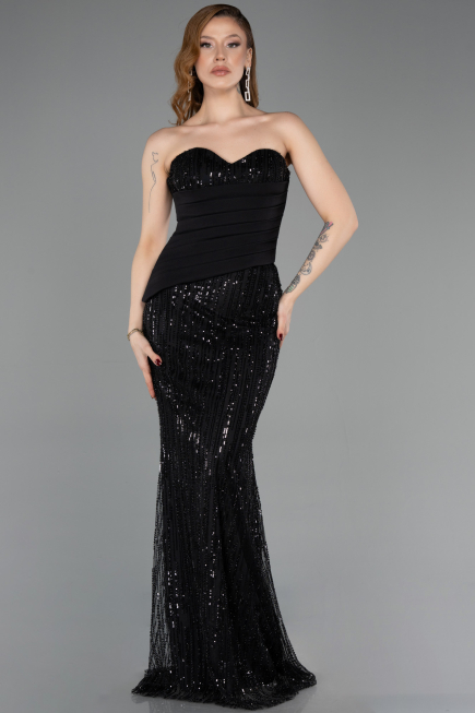 Abendkleid Lang Perlenbesetzt Schwarz ABU5766