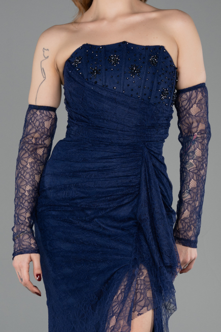 Marineblau Standesamtkleid Spitze Lang ABU5603