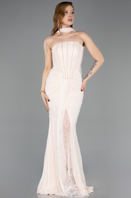 Beige Abendkleid Spitze Lang ABU5686