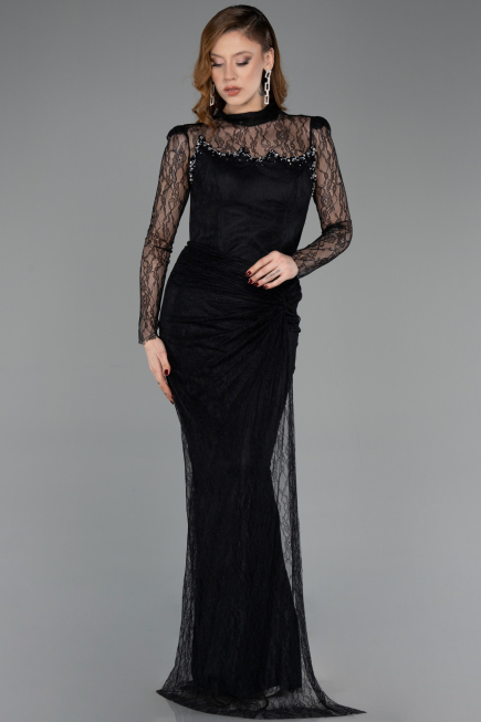 Standesamtkleid Lang Spitze Schwarz ABU5823