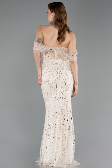 Abendkleid Lang Perlenbesetzt Beige ABU5833