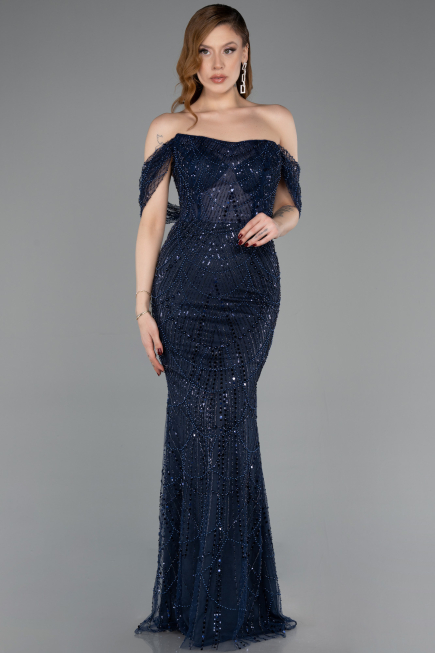 Abendkleid Lang Perlenbesetzt Marineblau ABU5833