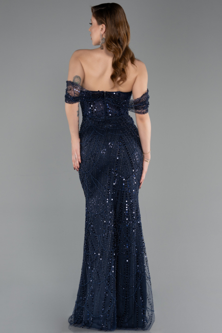 Abendkleid Lang Perlenbesetzt Marineblau ABU5833
