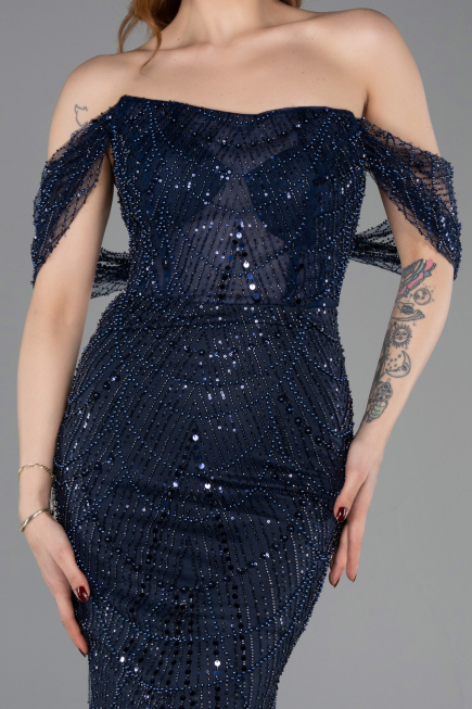 Abendkleid Lang Perlenbesetzt Marineblau ABU5833