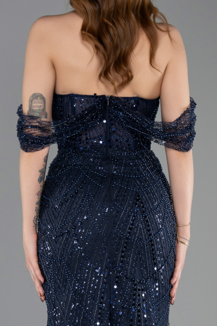 Abendkleid Lang Perlenbesetzt Marineblau ABU5833