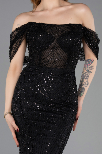 Abendkleid Lang Perlenbesetzt Schwarz ABU5833